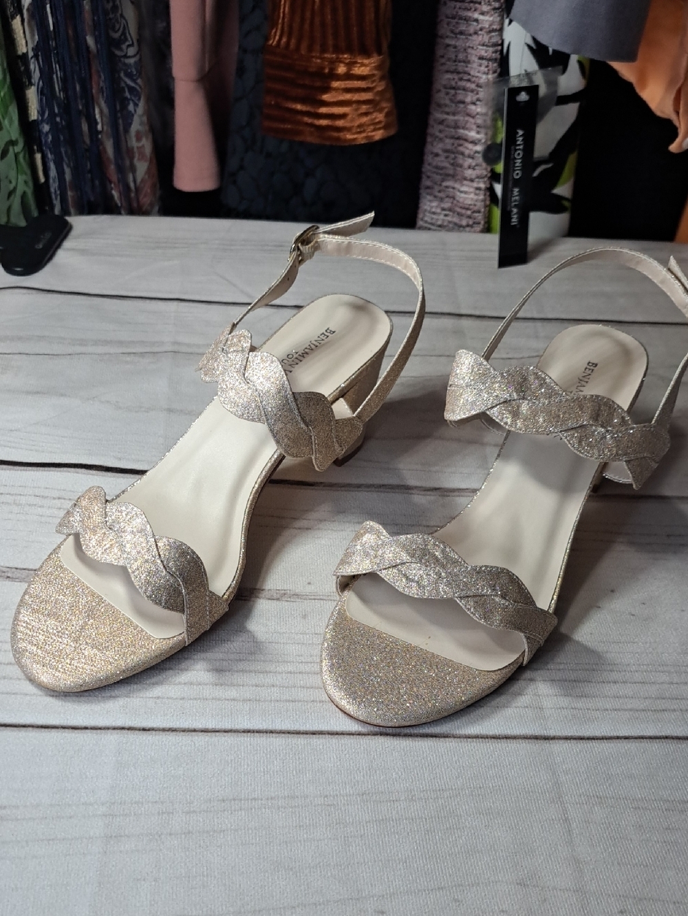 Benjamin Walk Glitter Braided Strap  Sandals With Small Chunky Heel - Champagne
